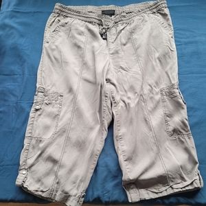 Grey Elastic Waist Drawstring Cargo Pocket Capris Roll Tab Legs